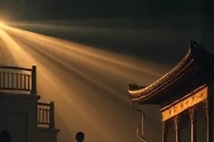 蓝色收音机剧照，老式收音机旋钮与窗边光斑